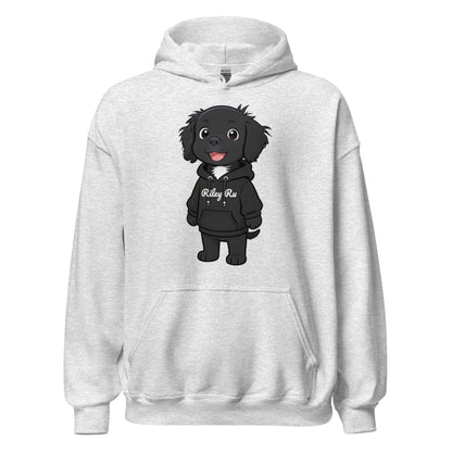 White hoodie with a black dog graphic and 'Riley Rus' text on a white background