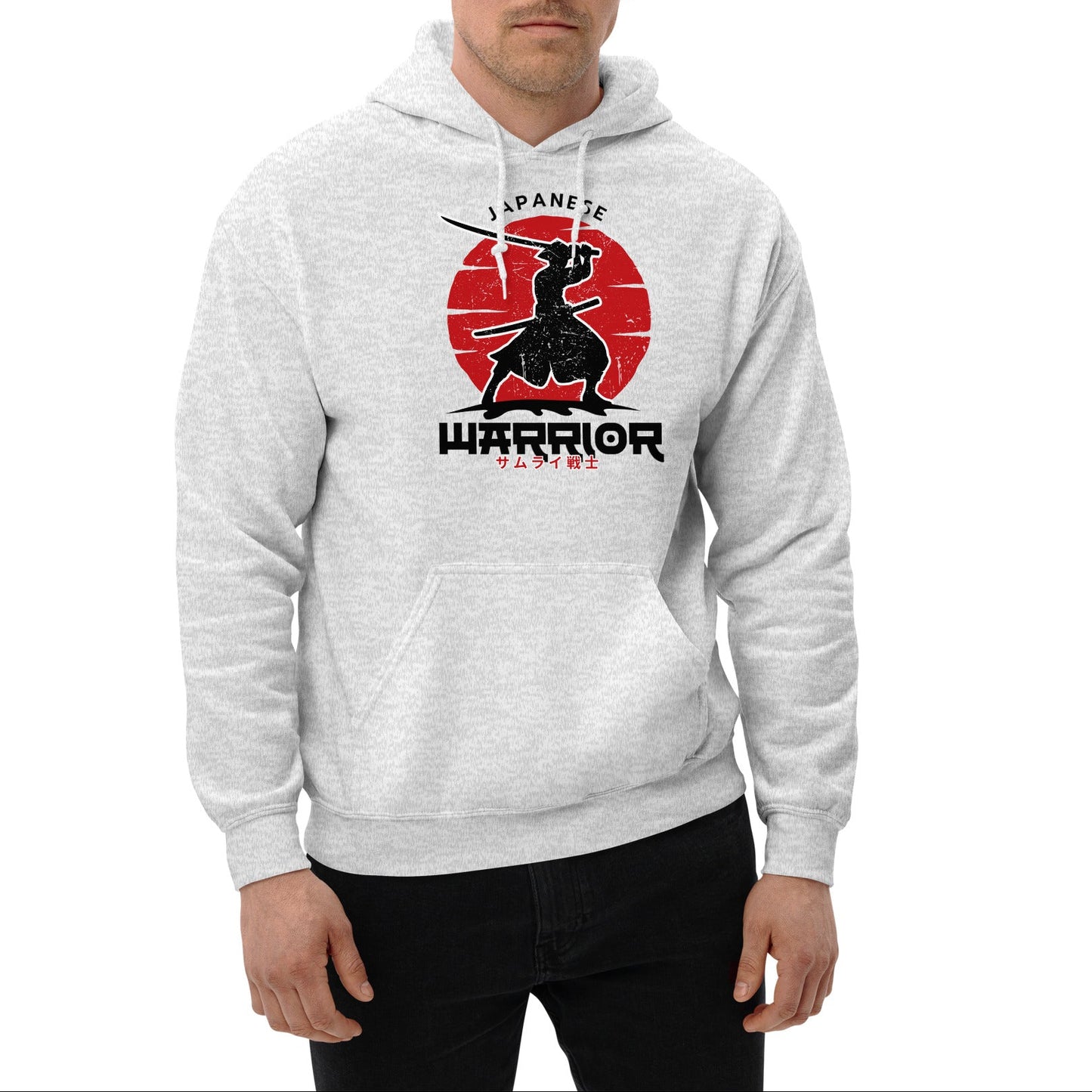 Man wearing a gray hoodie with a 'Japanese Warrior' design on a white background