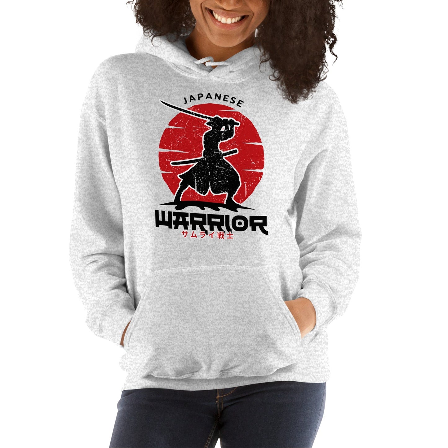 Person wearing a hoodie with a 'Japanese Warrior' design on a white background