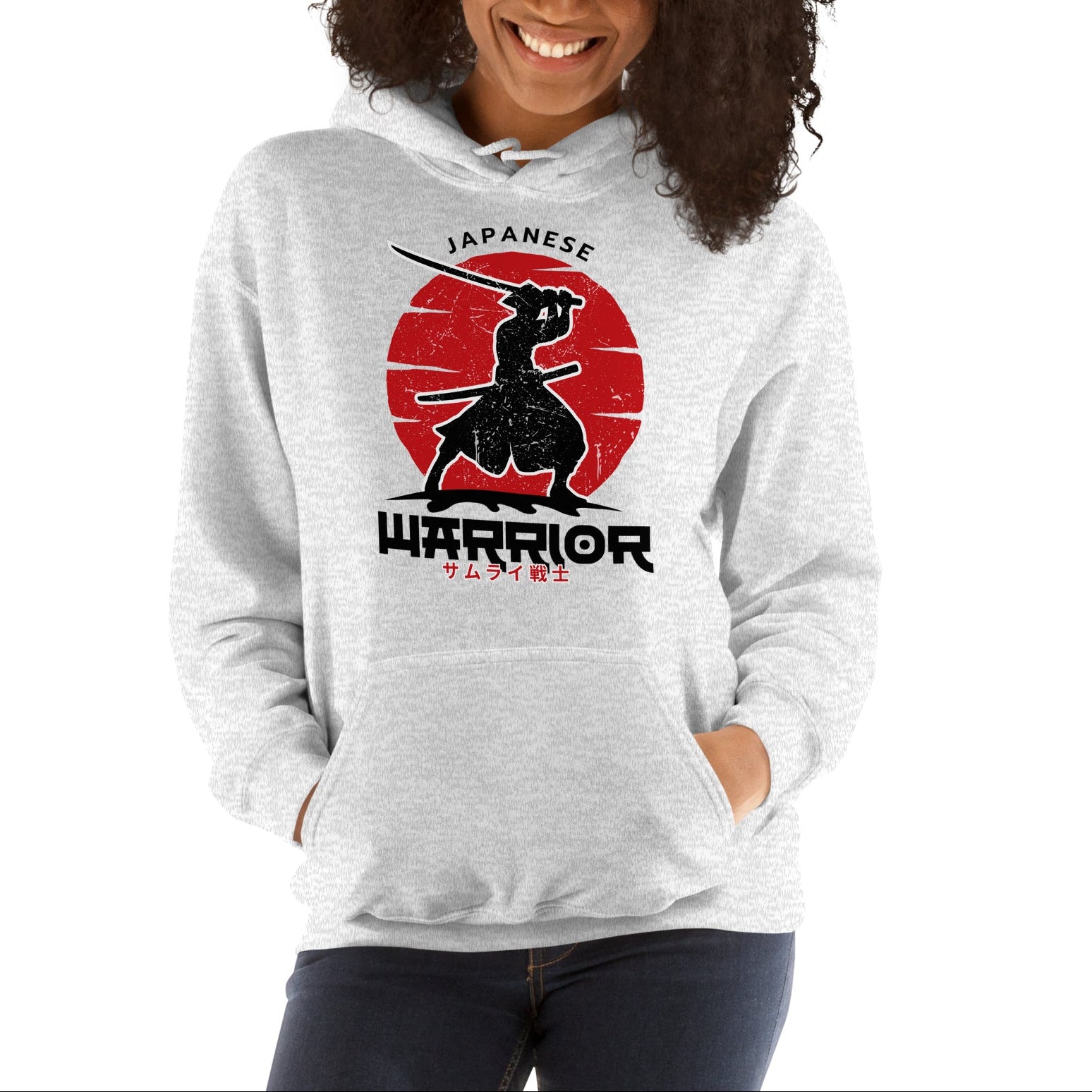 Person wearing a hoodie with a 'Japanese Warrior' design on a white background