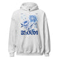 Gray hoodie with blue floral design and 'BLOOM' text on a white background