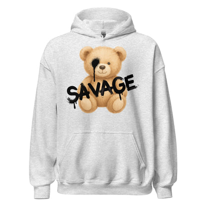 Gray hoodie with a teddy bear graphic and 'Savage' text on a white background