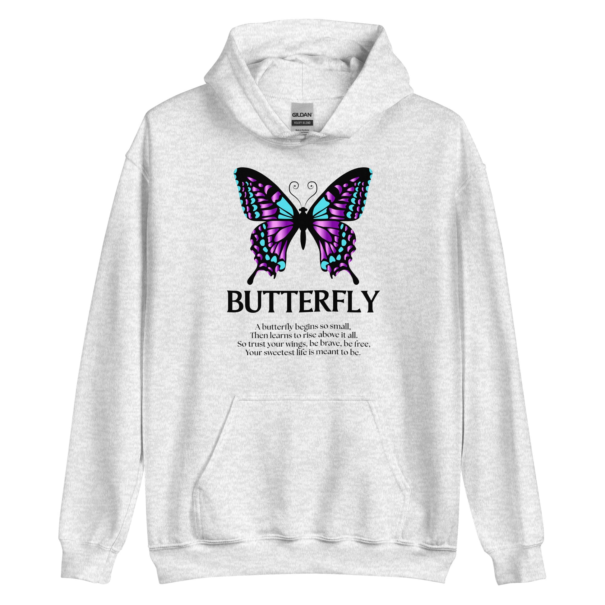 White hoodie with a butterfly design and text on a white background