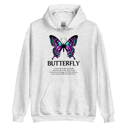 White hoodie with a butterfly design and text on a white background