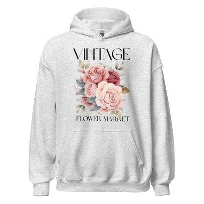 Gray hoodie with floral design and text on a white background