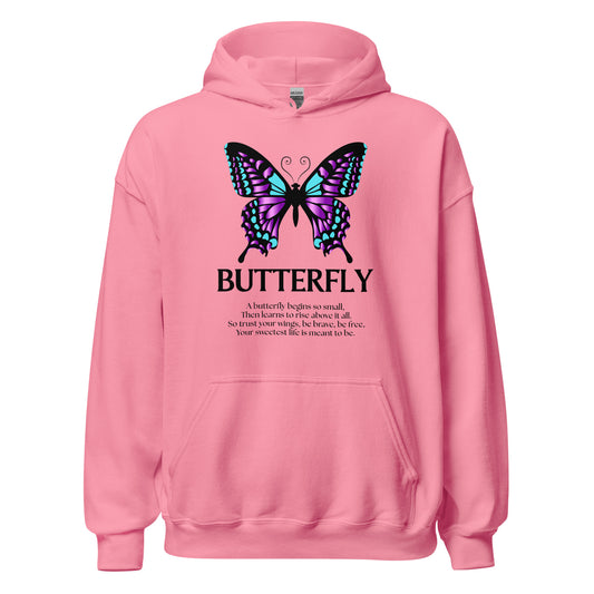 Pink hoodie with a butterfly design and text on the back against a white background