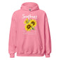 Pink hoodie with sunflower design and text on a white background
