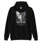 Black hoodie with a graphic of a fallen angel on a white background