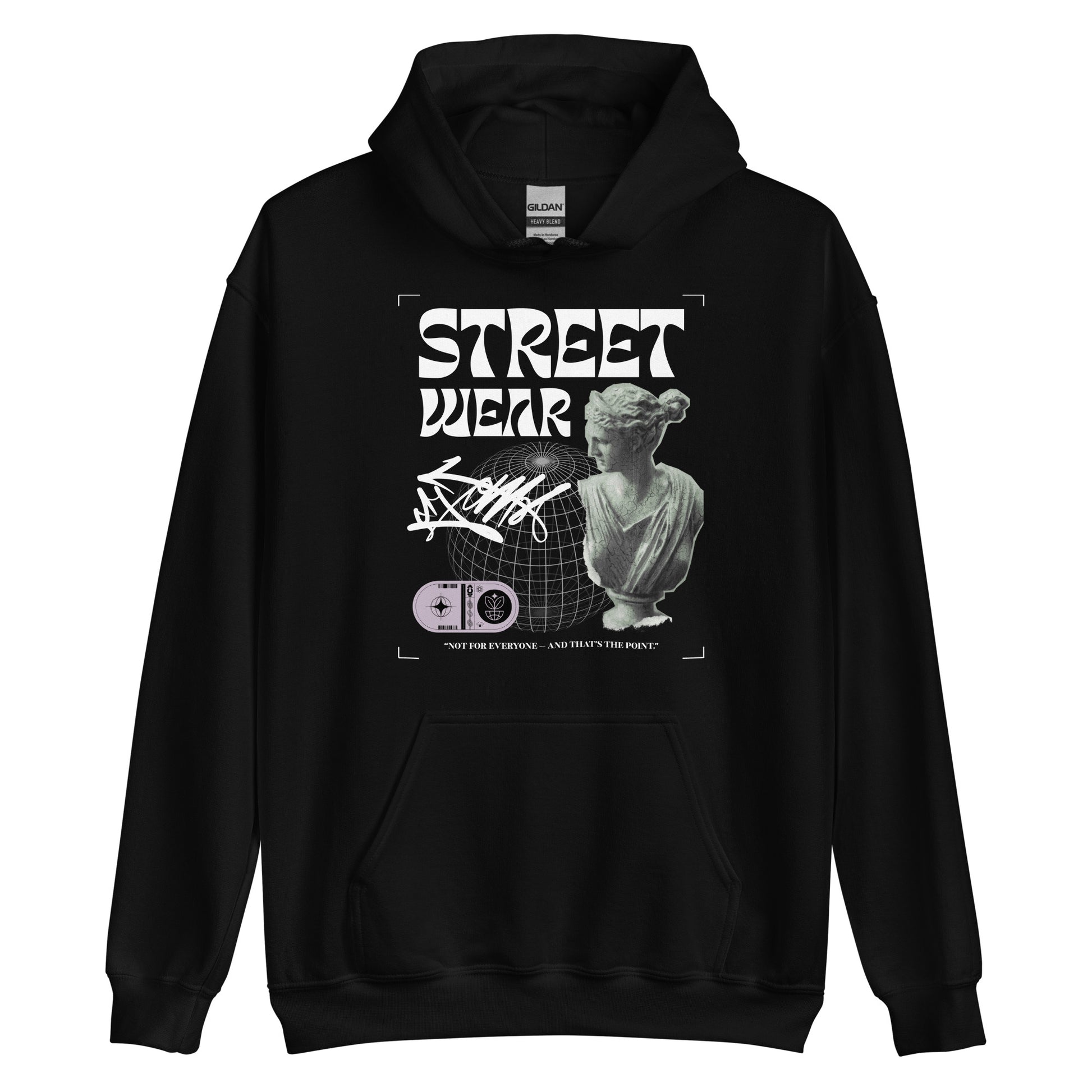 Black hoodie with streetwear design featuring a statue and text on a white background