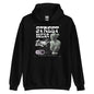 Black hoodie with streetwear design featuring a statue and text on a white background