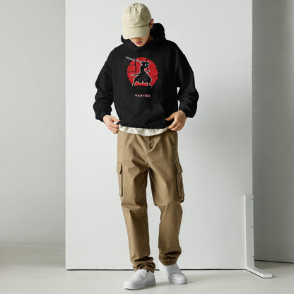 Person wearing a black hoodie with 'SLONVE' text, beige cap, and cargo pants against a white background