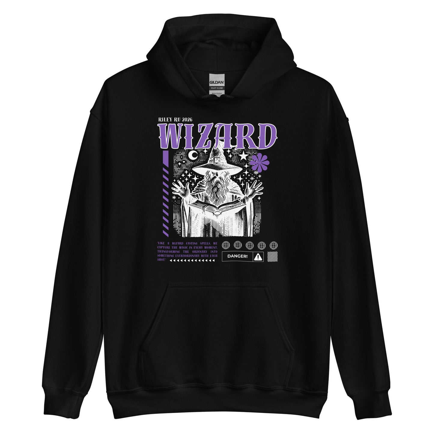 Black hoodie with a wizard graphic and 'Wizard' text on a white background