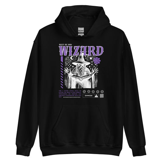 Black hoodie with a wizard graphic and 'Wizard' text on a white background