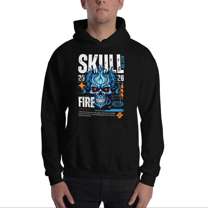 Person wearing a black hoodie with a blue skull design on a white background