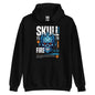 Black hoodie with a blue skull design and text on a white background