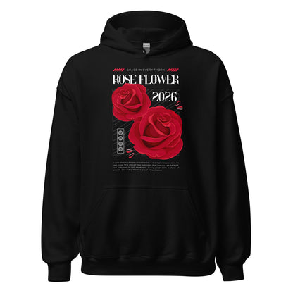 Black hoodie with red roses and text design on a white background