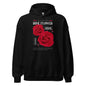 Black hoodie with red roses and text design on a white background