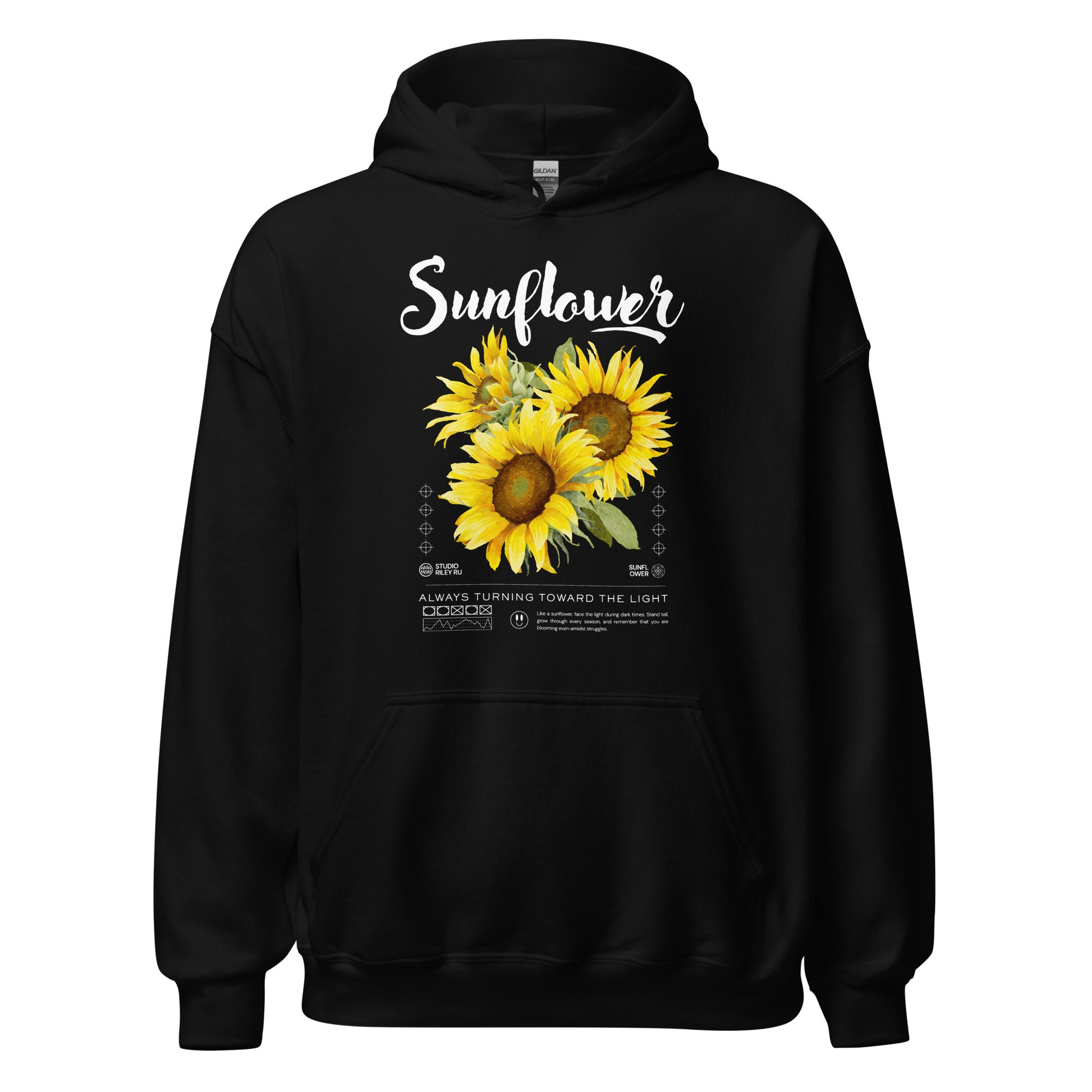 Black hoodie with sunflower design and text on a white background