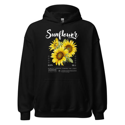Black hoodie with sunflower design and text on a white background