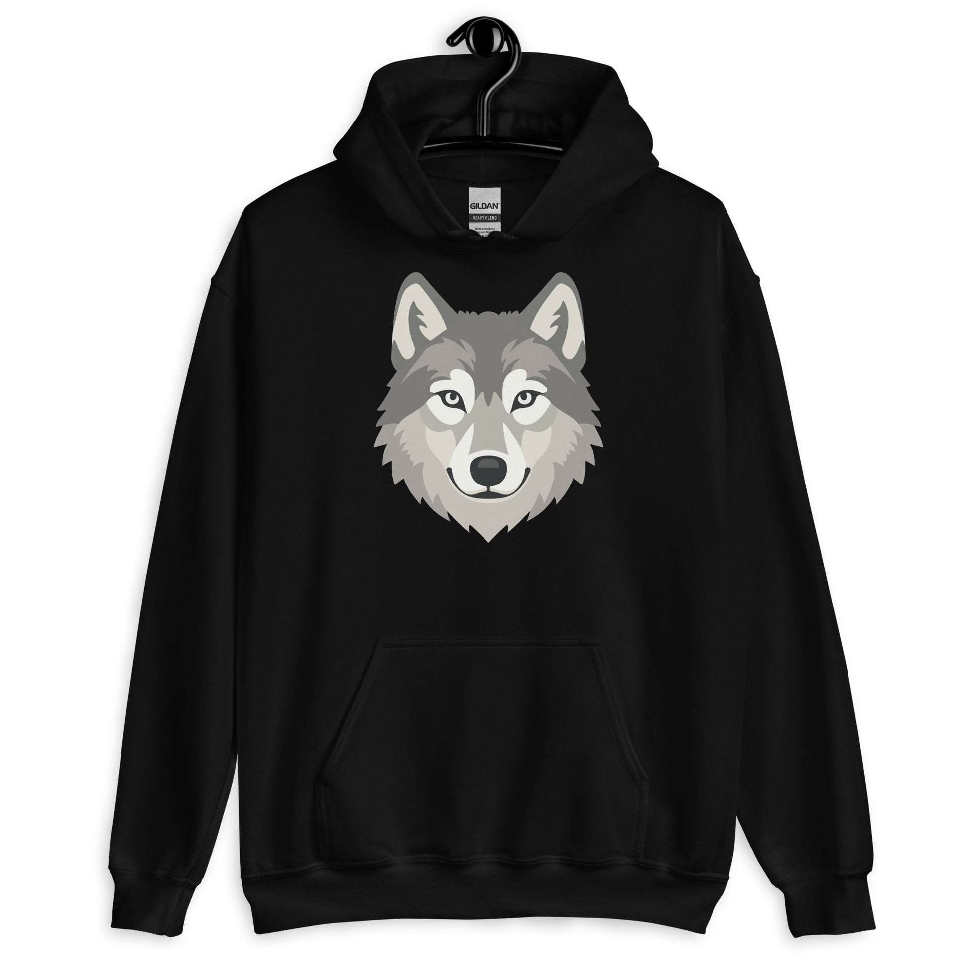 Black hoodie with a wolf graphic on a white background