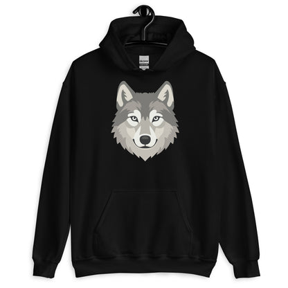 Black hoodie with a wolf graphic on a white background