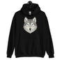 Black hoodie with a wolf graphic on a white background