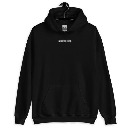 NO BROKE BOYS White Embroidered Lyrics Unisex Hoodie