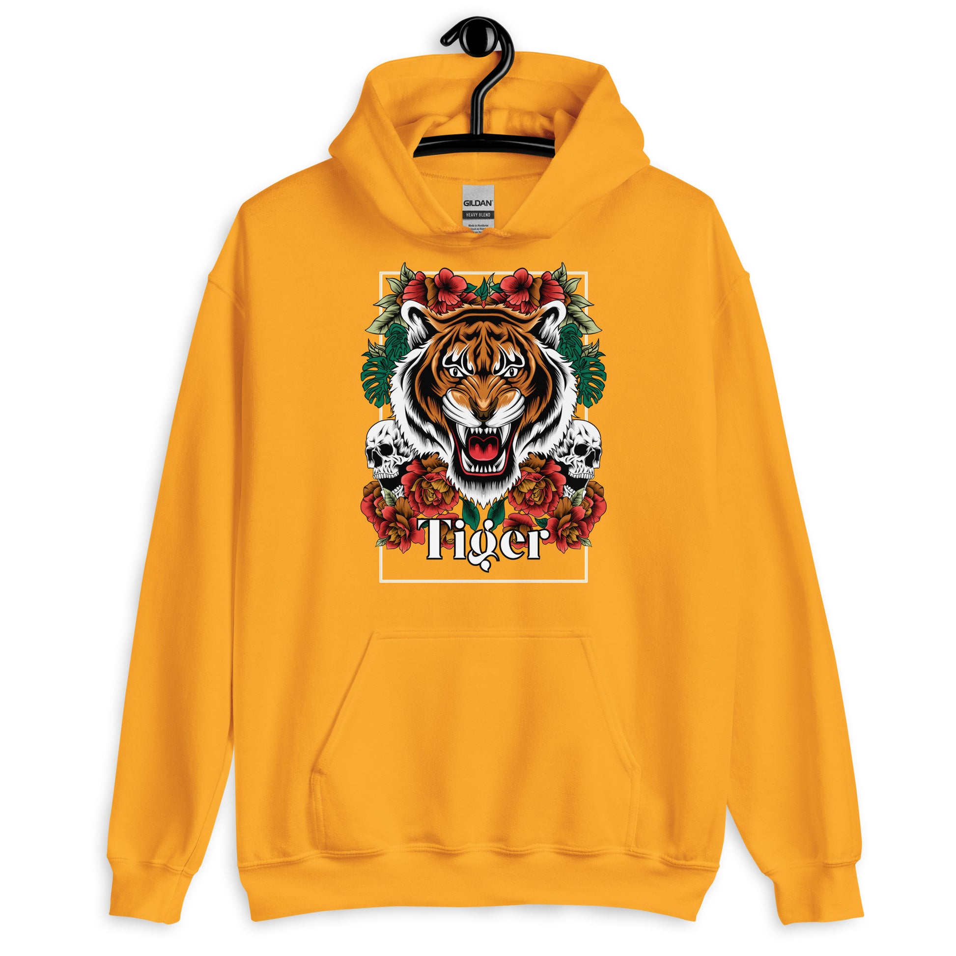 Yellow hoodie with a tiger graphic on a hanger against a white background