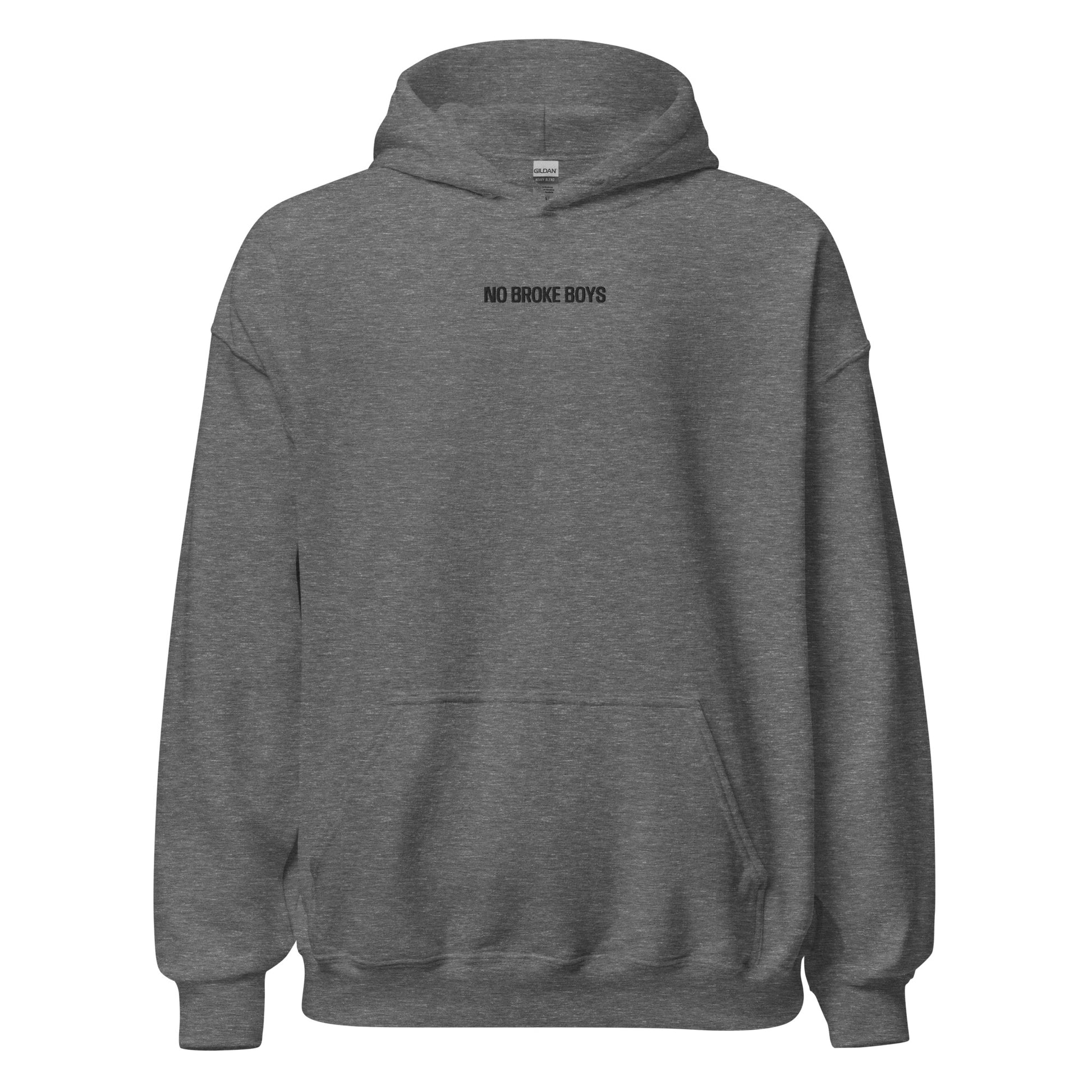 Gray hoodie with a logo on the chest against a white background