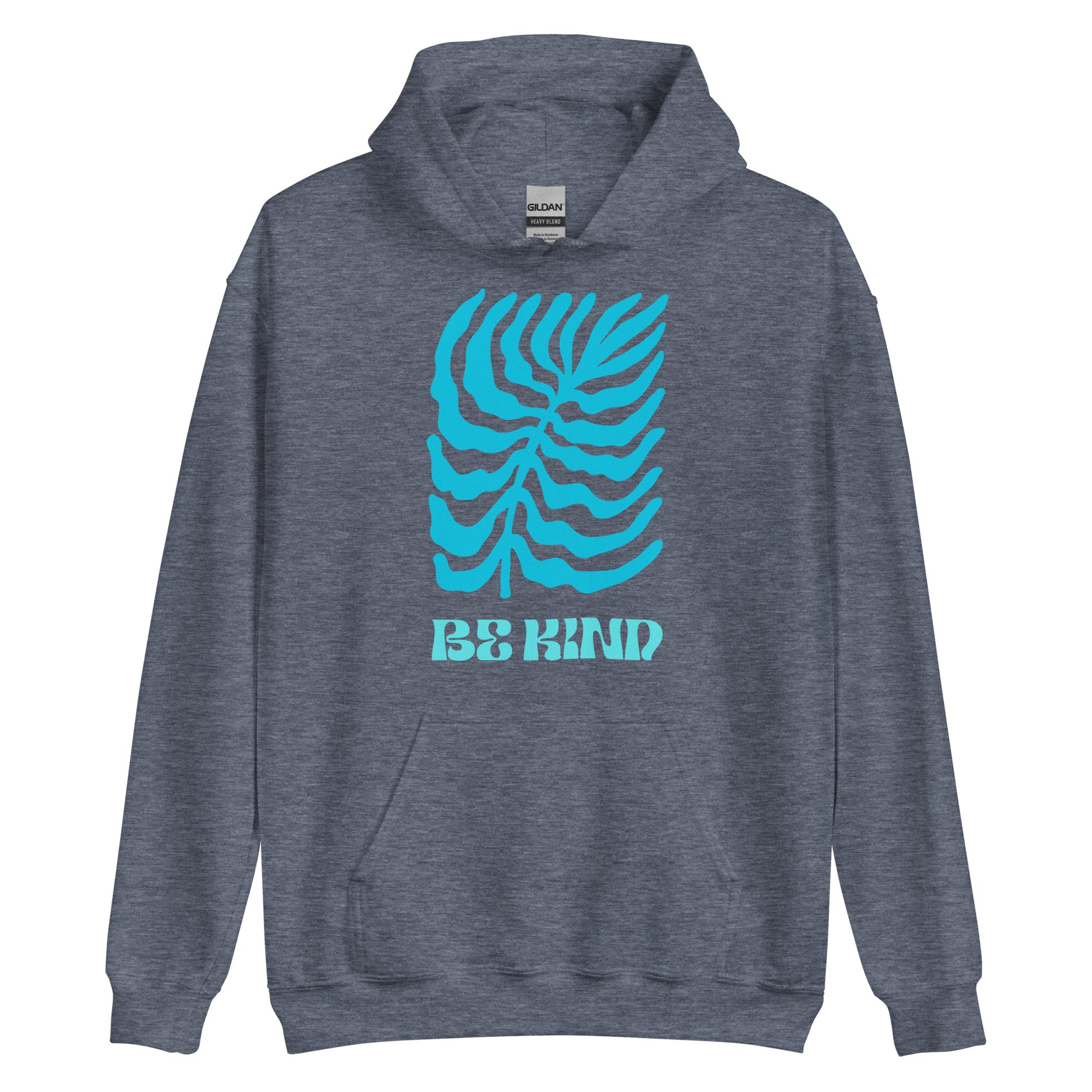 Gray hoodie with blue graphic design and 'Be Kind' text on a white background