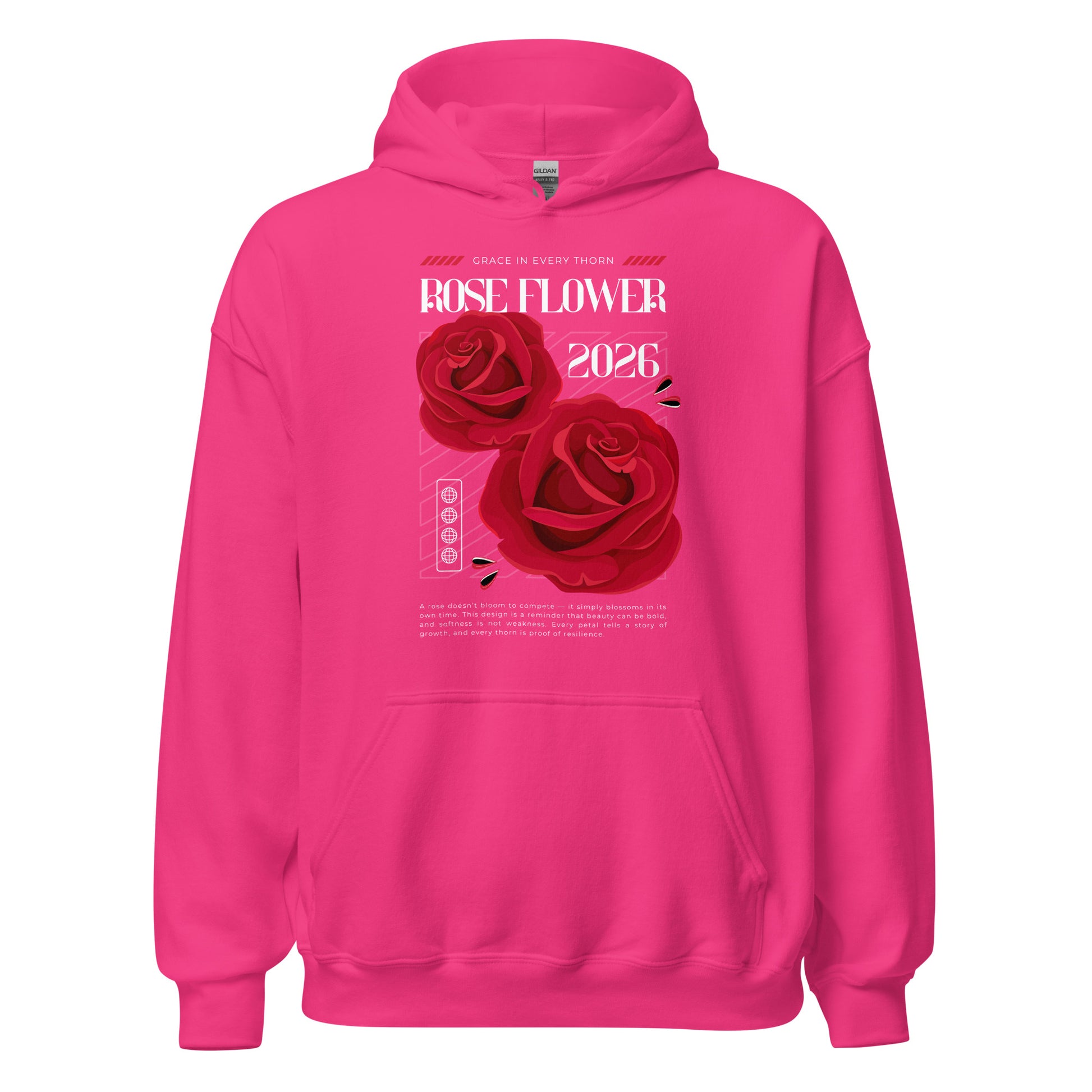Pink hoodie with red roses and text design on a white background