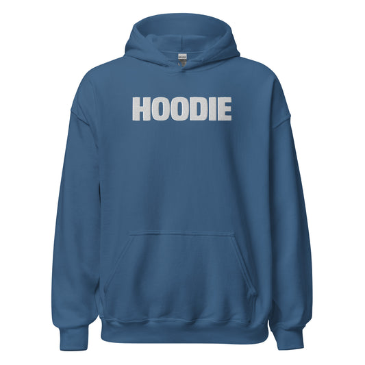 Blue hoodie with 'HOODIE' printed on the back against a white background