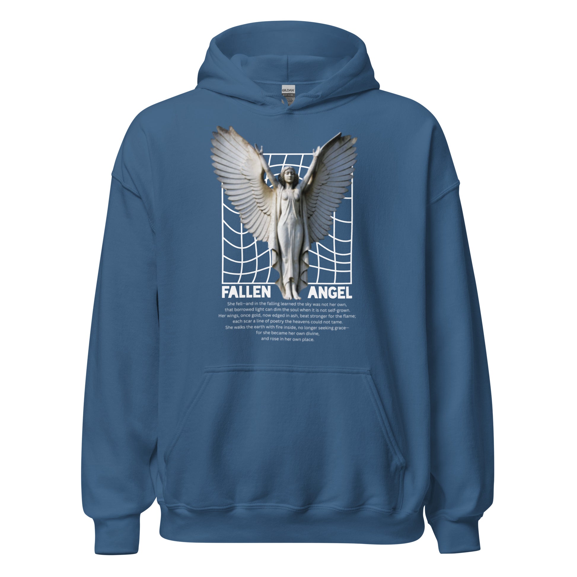 Blue hoodie with a graphic of a fallen angel on a white background
