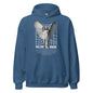 Blue hoodie with a graphic of a fallen angel on a white background