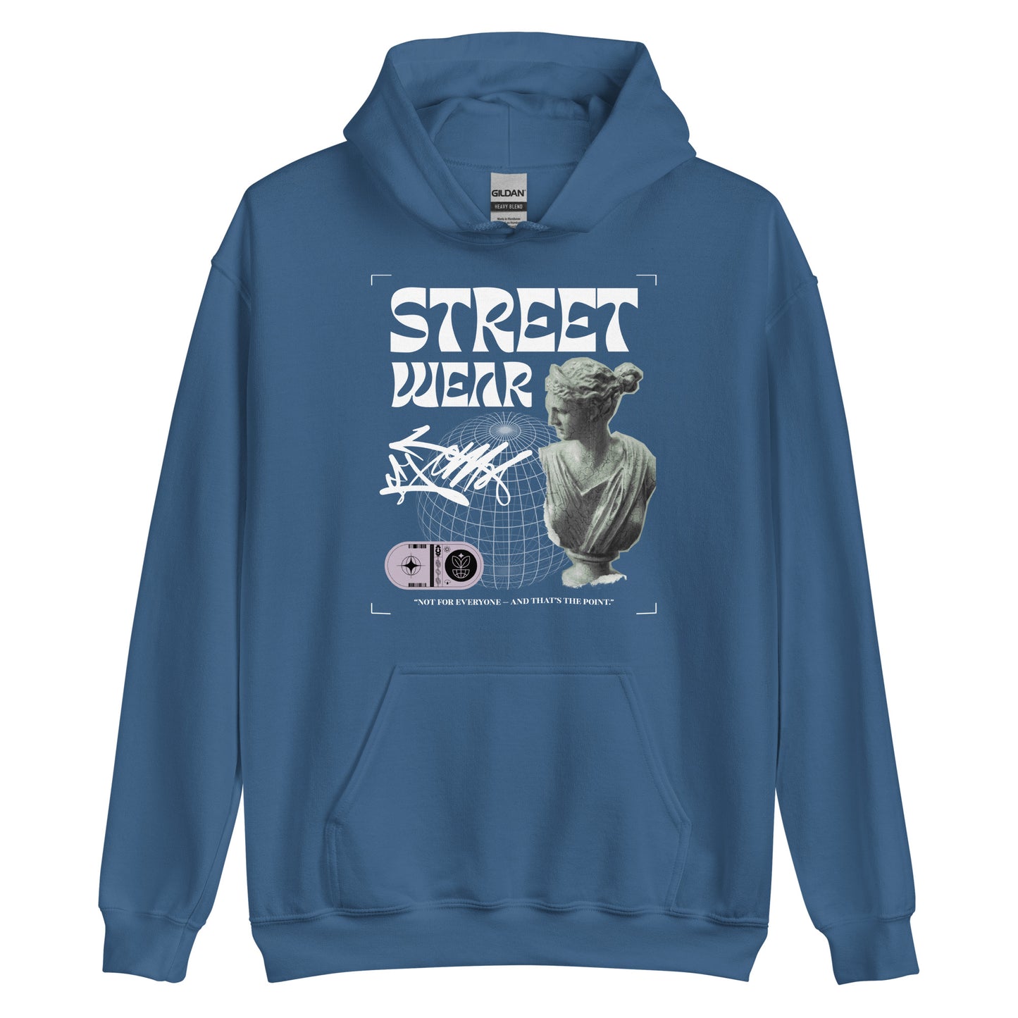 Blue hoodie with streetwear design featuring a statue and text on a white background