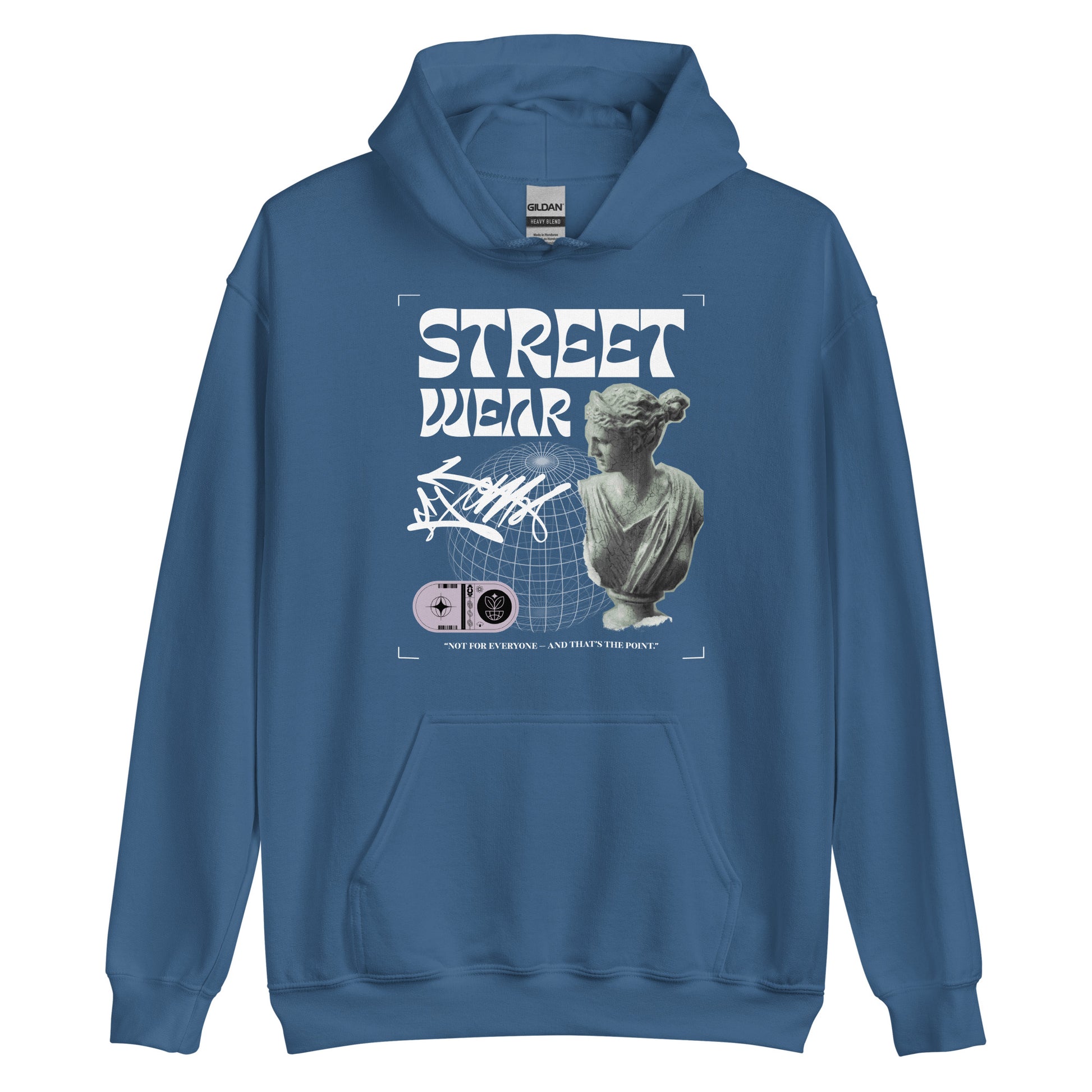 Blue hoodie with streetwear design featuring a statue and text on a white background