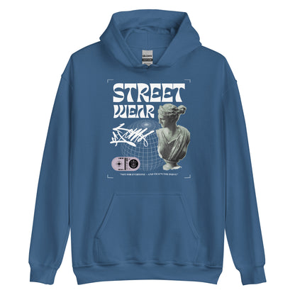 Blue hoodie with streetwear design featuring a statue and text on a white background