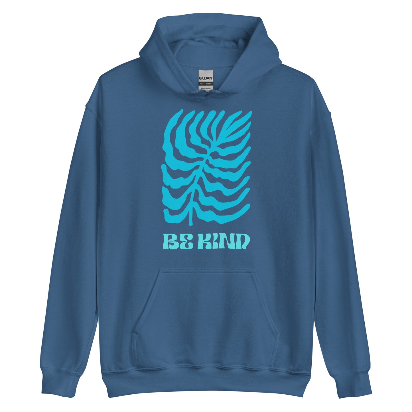 Blue hoodie with a turquoise design and 'Be Kind' text on a white background