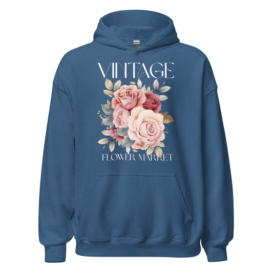 Blue hoodie with floral design and text on a white background