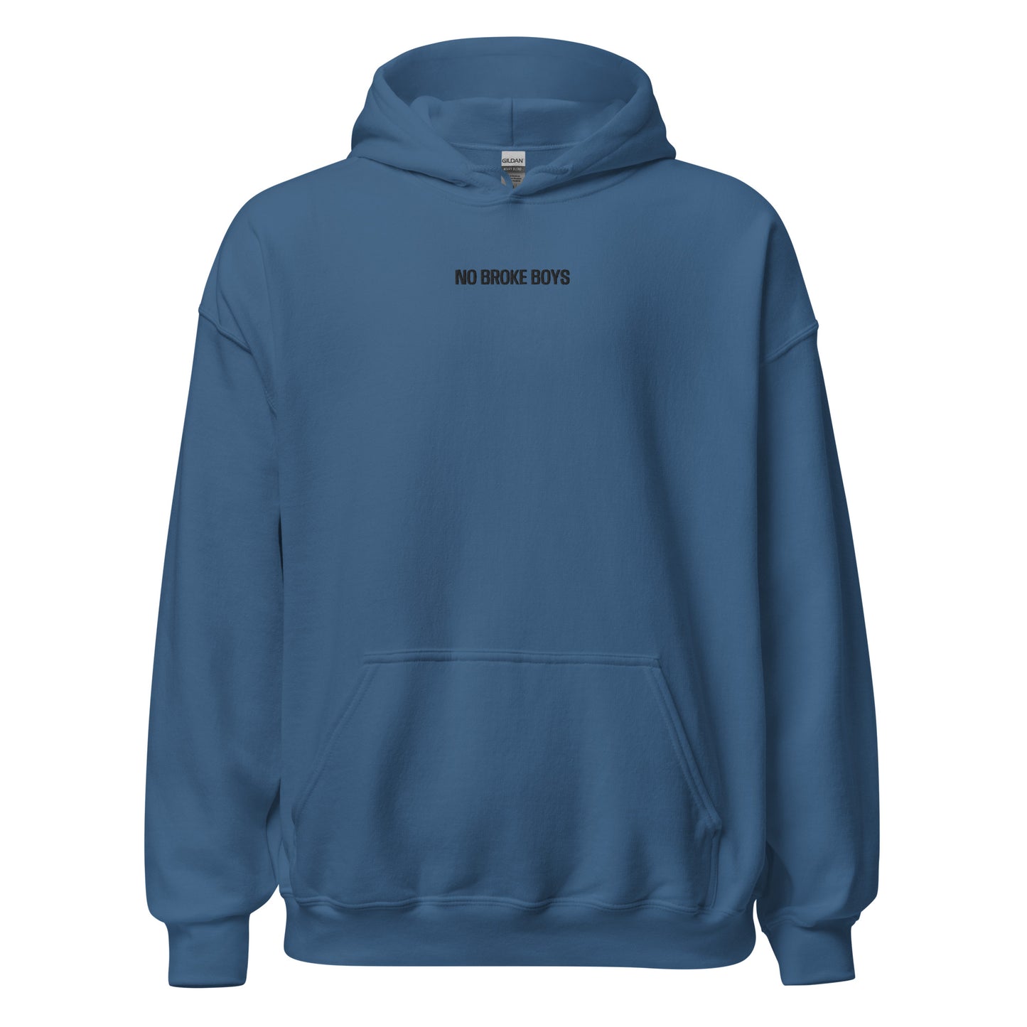 Blue hoodie with a small logo on the chest against a white background