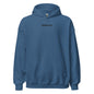 Blue hoodie with a small logo on the chest against a white background