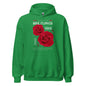 Green hoodie with red roses and text on a white background