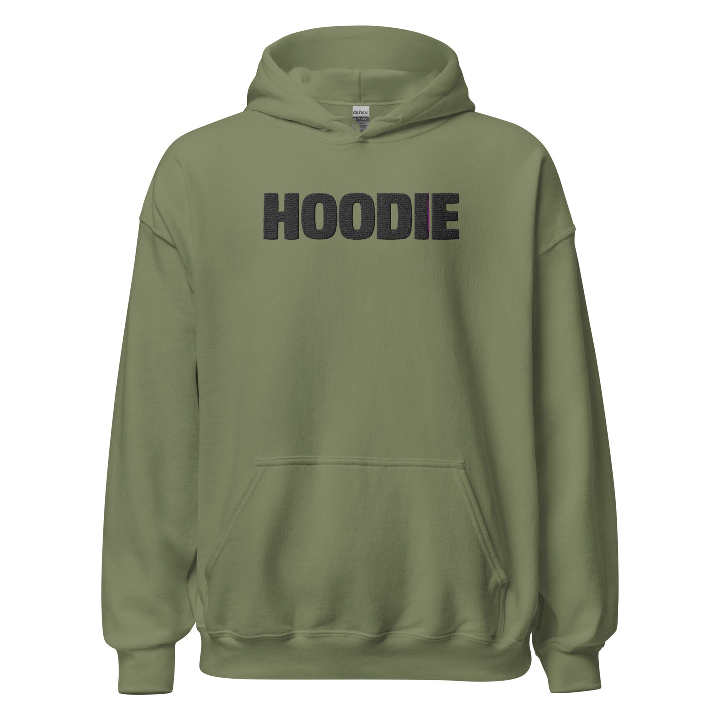 Green hoodie with 'HOODIE' printed on the back against a white background