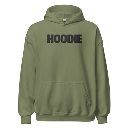 Green hoodie with 'HOODIE' printed on the back against a white background