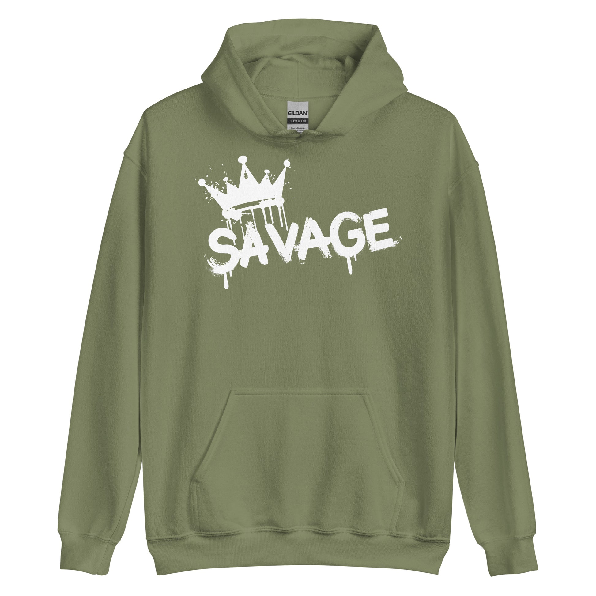 Green hoodie with 'Savage' graphic on a white background