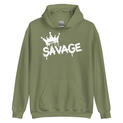 Green hoodie with 'Savage' graphic on a white background
