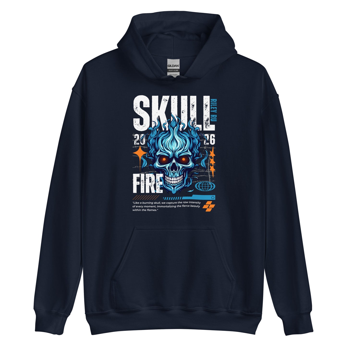 Navy blue hoodie with a graphic design of a skull and text on a white background