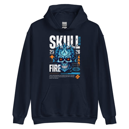 Navy blue hoodie with a graphic design of a skull and text on a white background