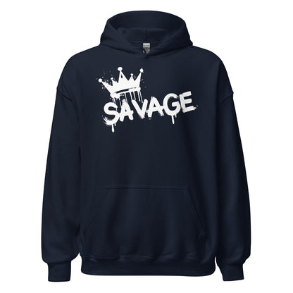 Navy hoodie with 'SAVAGE' graphic design on a white background