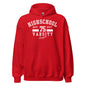 Red hoodie with 'Highschool Varsity League' text on a white background